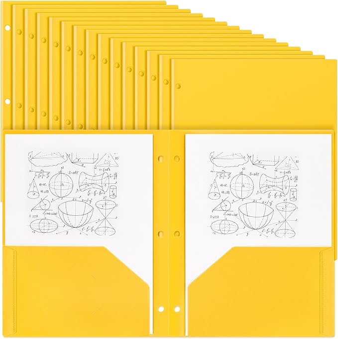 Yeaqee 50 Pcs Plastic Folders with Pockets Bulk 3 Hole Punched 2 Pocket File Folders for 3 Ring Binder Divider Folder for Notebooks, Durable Poly for Office Home (Yellow)