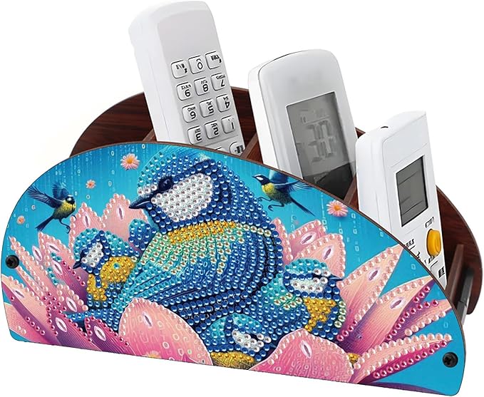 Remote Control Holder with 4 Compartments, DIY Diamond Art Painting Wooden Half Moon TV Control Holder for Remote Controllers, Office Supplies, Makeup Brush, Media Accessories-Bird-1