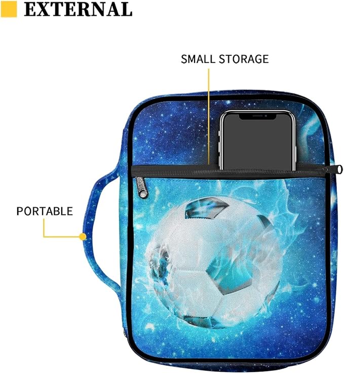 Coldinair Blue Starry Soccer Print Bible Cover for Men Teens Kids Boys,Galaxy Soccer Carrying Book Case Church Bag Bible Bag with Handle and Zippered Pockets
