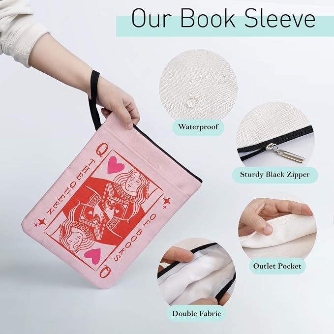 The Queen of Books Book Sleeve Pouch 9x12 Paperback Cover with Handle, Book Lover Book Cover Gifts for Women, Poker Q Theme Decoration for Teacher Colleague Boss Gifts