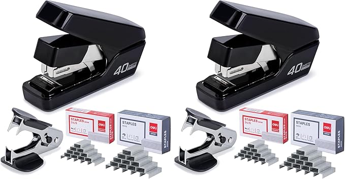 Deli Stapler, Effortless Staplers for Desk, 40 Sheet Capacity Heavy Duty, One Touch, No Effort, Easy to Load,with 2000 Staples & Staple Remover, Good for Office, Home Use, Black (Pack of 2)