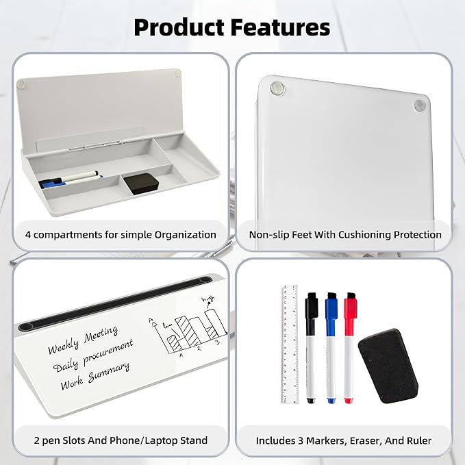 Desktop Whiteboard, Glass Dry Erase Board, Desk Board Buddy,Computer Keyboard Stand,Desk Whiteboard Organizer for Home,Office,School Supplies(White)