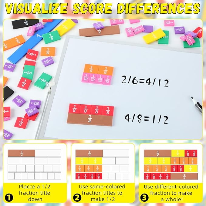 Sayglossy 48 Sets Fraction Tiles Set for Math Classroom Fractions Manipulatives Math Learning Manipulatives for Home School Supplies