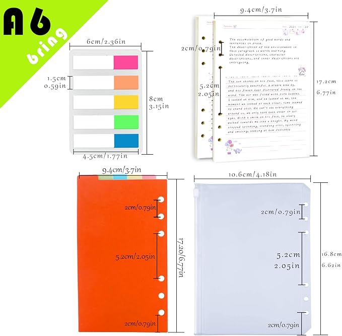 Rancco A6 Planner Inserts Lined Paper, Colorful 90 Page 6-Ring Memo Refills Loose-leaf Refill Paper w/Zipper Pouch, Binder Dividers, Ruler, Index Tab for Planner Journal Dairy, Double-sided, 6.9x3.7"