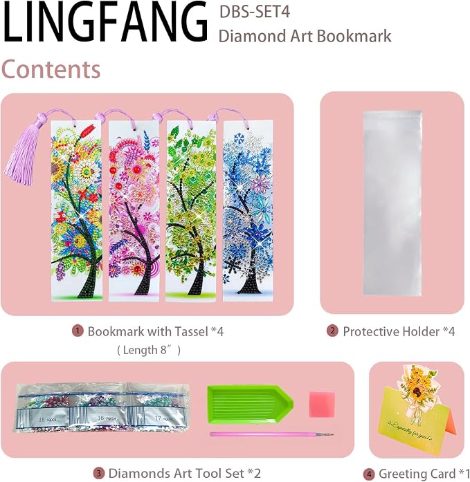 4 Pcs LINGFANG Diamond Painting Bookmark, Leather DIY Book Makers for Adults Book Lovers, Diamond Art Beginners, Small Diamond Art Kits, Paint by Art Crafts Supplies Gift for Girls (Season Tree)