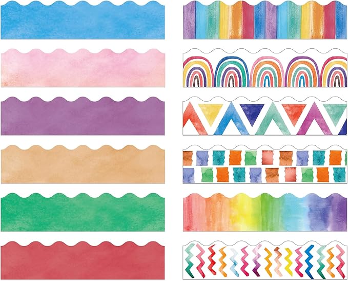 240 Pcs 236ft Holiday Bulletin Board Borders Colorful Rainbow Scalloped Border Trim Bulk Bulletin Decor for Classroom Back to School Decor(Watercolor Style)