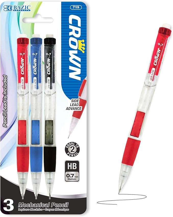 BAZIC Products Crown 0.7 mm Mechanical Pencil, Soft Grip Smooth Writing Pencils Lead, Latex Free Eraser (3/Pack), 1-Pack