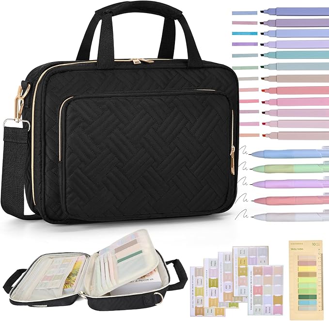 Bible Cover Case for Women Bible Study Supplies Christian Gifts for Women Church Camp Essentials Christian Bible Journaling Kit Quilted Large Bible Cover with Durable Handle (Black, Large)