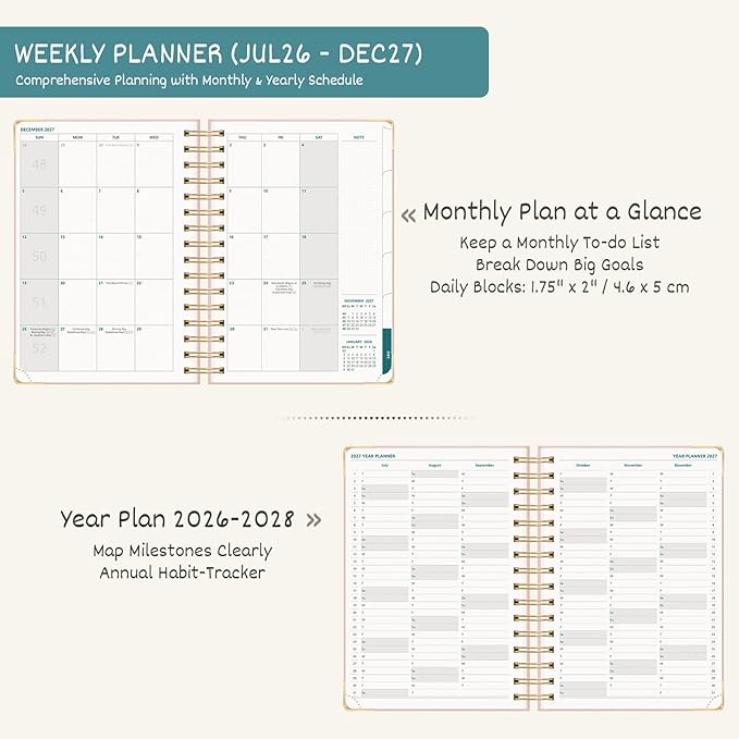 BEZEND Weekly Planner 2026-2027 (6" x 8.5") with Hourly Timeslot (Jul 26-Dec 27) 18 Months Academic Calendar - Deluxe Design - Thick 100GSM Paper, Laminated Monthly Tabs, Corner Protectors, Pink