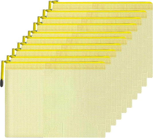 Mesh Document Bag Set of 10, Waterproof Zipper Pouch / A4 Size Zip File, for Household Daily Storage School Office M-D-2B (Yellow, A3 (17×12 Inch))