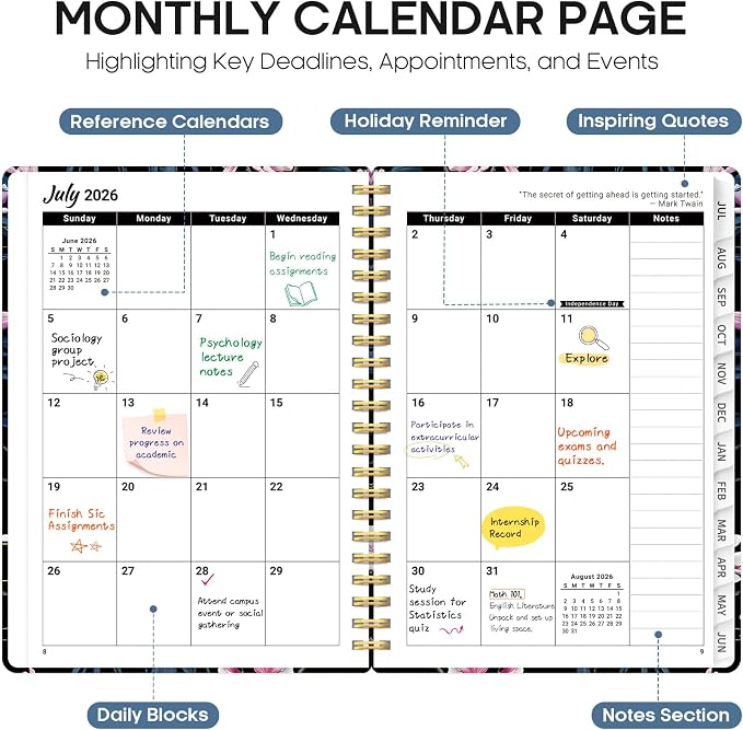 Planner 2026–2027, Academic Year Monthly & Weekly Calendar Book, Jul 2026–Jun 2027, Hardcover Organizer with Tabs, Student & Teacher Planner, 6.3" x 8.5", Magnolia Song