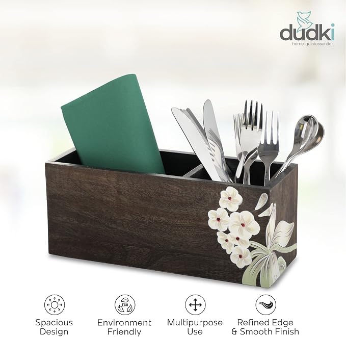 dudki 2 Compartment Floral Design Wooden Desk organizer caddy For Multipurpose stationary Storage Pen Stand Accessories With 2 Slots, Wooden, Classy looking dining table décor