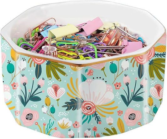 Ceramic Paper Clip Holder Gold Line Paper Clip Dispenser Organizer for Desk Cute Floral Pattern Office Binder Clip Holder Bobby Pin and Hair Clip Holder Gift for Office Mint Flowers