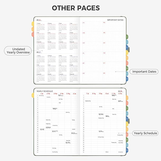 Undated Appointment Book, Hourly, Daily, 52 Weekly & 12 Monthly Planner, 6 AM - 8 PM, Medium Size (5.7" x 8.3"), Leather Hardcover, 12 Self-adhesive Monthly Tabs (Light Green)