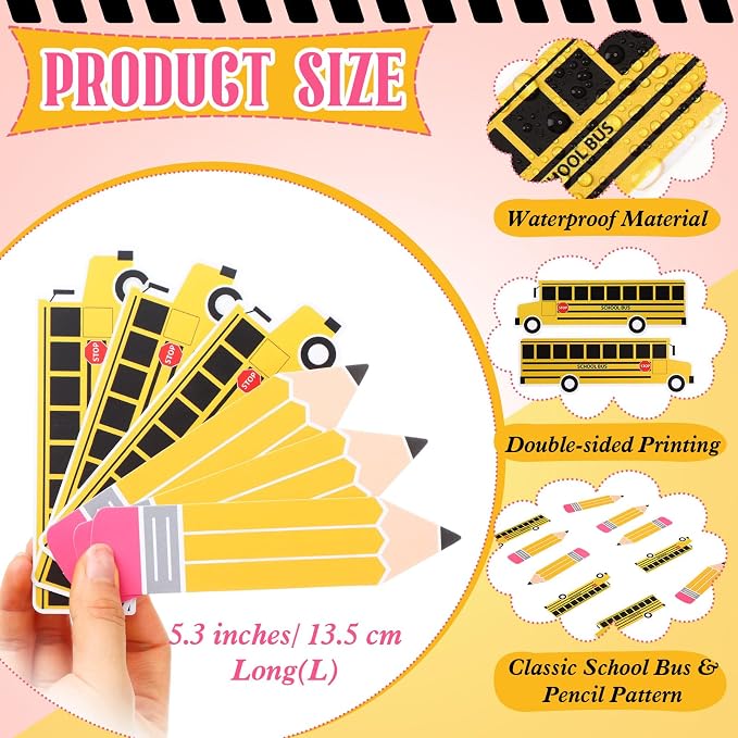 Eersida 48 Pieces Bookmarks Bulk for Kids 2 Styles Classroom Book Marks Cute Book Marks School Bus and Pencil Pattern for Students Back to School Gift Teacher Rewards Prizes First Day Party Favors