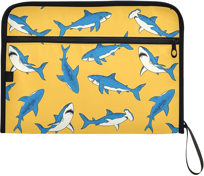 Hand-Drawn Sharks File Folders, Plastic Folders with 13 Pockets, Expandable File Folder for Documents School Students Office, Aesthetic Folder with Labels A4 Letter Size