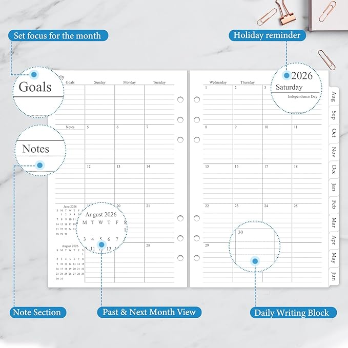 2026-2027 Monthly Planner Refill, A5 Medium Planner Inserts for 6 Holes, 5.5"x8.5", Jul. 2026 - Dec. 2027, 12 Monthly Calendars with Laminated Tabs, 6-Hole Punched