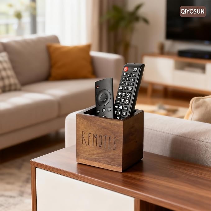 Remote Control Holder, Farmhouse Wood TV Organizer for Table, Wooden Remote Control Organizer, Remote Storage Caddy, Remote Control Organizer (Brown, 3.5 Inch-Labeled REMOTE)