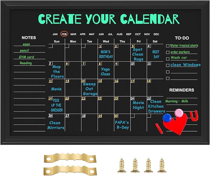 Magnetic Chalkboard Calendar, 17.7" × 23.6" Monthly and Weekly Calendar Chalk Board for Wall, Family Planner,Black(Family-HB-4560)