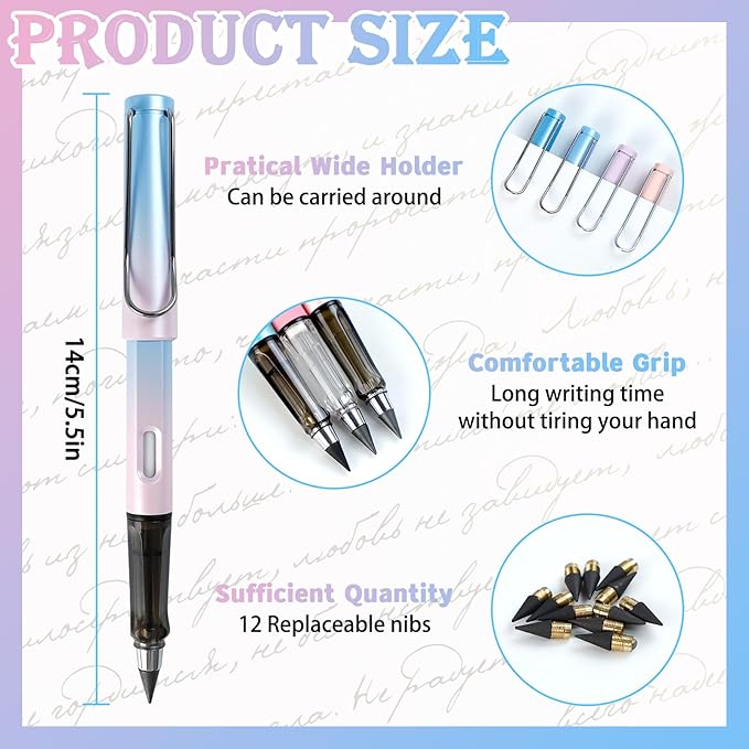 12Pcs Everlasting Pencils with 12 Replacement Tips, Reusable Infinity Pencil with Eraser, Inkless Pencil Eternal pencil for Writing, Forever Pencil for Student Sketching Office Supplies