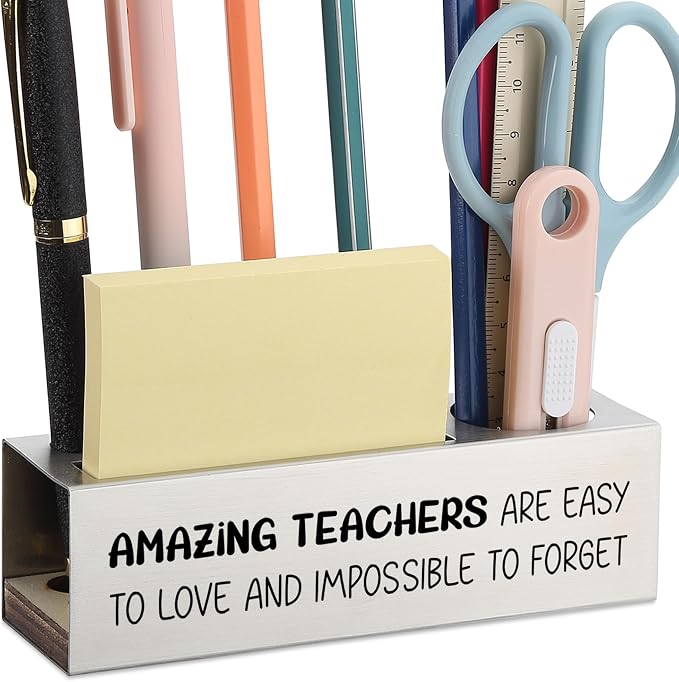 Stainless Steel Pencil Holder with "Amazing Teachers" Quote, Thank You Gift from Student for Women Men, Inspirational Desk Organizer for Classroom Office Supplies, Teacher Appreciation - FBA391