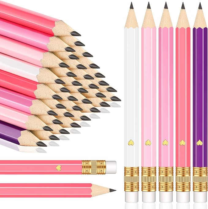 Nezyo 80 Pcs Mini Golf Pencils with Eraser 2 HB 4 Inch Half Pencils Hexagon Pre-sharpened Color Pen for Bridal Wedding Classroom School Office(Pink Dream Color,Heart Style)