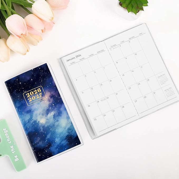 Pocket Calendar 2026-2027, Purse Monthly Planner, Runs from January 2026 Until December 2027, 3.7" x 6.7", Pocket Calendar with Star PVC Cover for Office