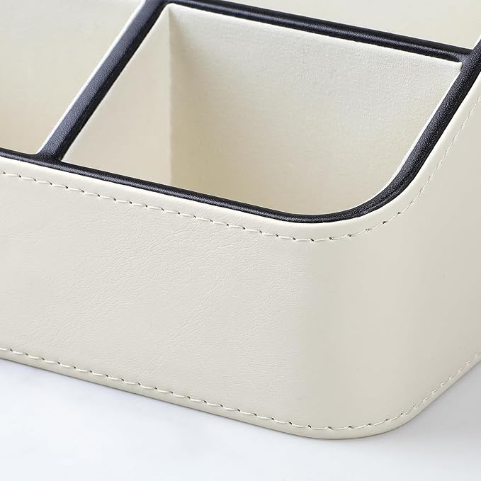 Remote Control Holder, PU Leather Small Desk Organizer with 4 Compartments, Nightstand Organizer Office Desk Accessories Desk Caddy for Countertop Bedside End Table (Cream)