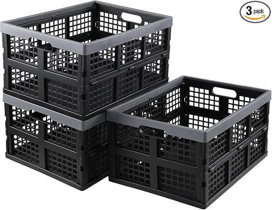 34 L 3 Packs Plastic Foldable Crate with Handle, Stackable Collapsible Utility Crates