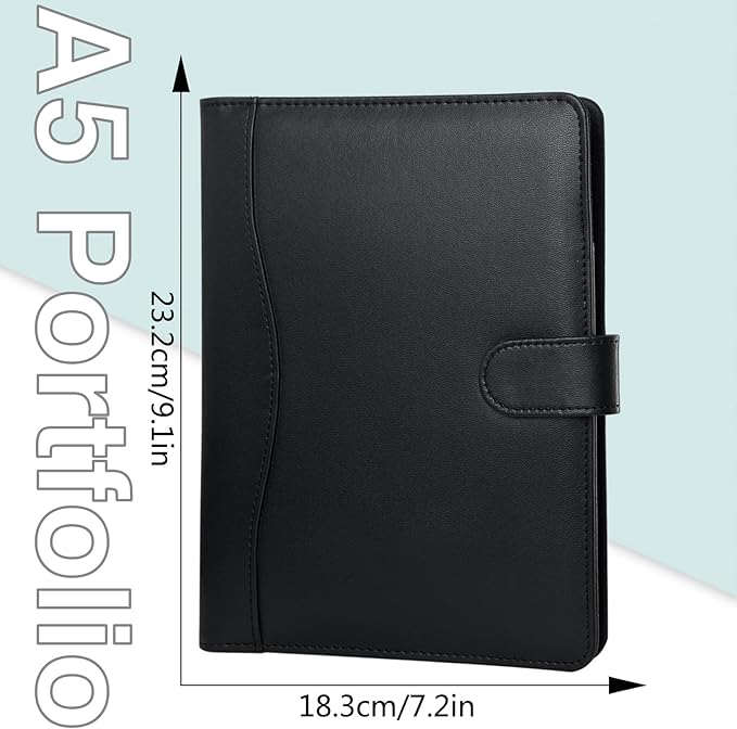 Padfolio Portfolio Binder, Leather Clipboard Folder Briefcase Loose-Leaf Binder with Cover Brown Folder with Pockets Resume Folder for Business Office Meeting Men Women's Business (A5, Black)