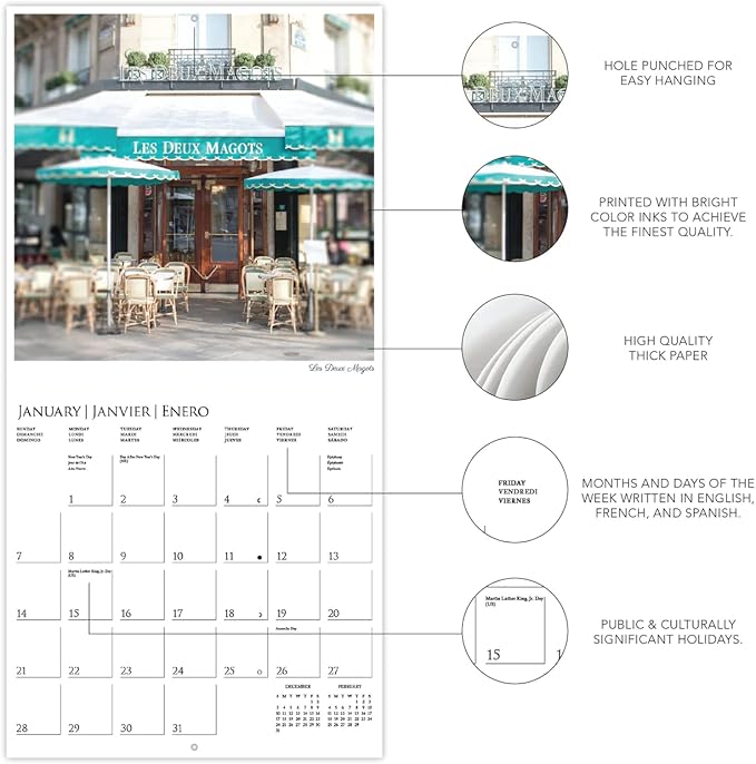 Graphique 2024 A Parisian Life Wall Calendar | 12” x 12” | Thick Paper | Home & Office Organizer | Large Monthly Grid | 3 Languages & Marked Holidays | 4 Month Preview Page for 2025