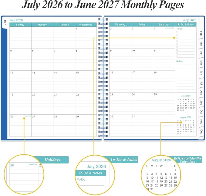 2026-2027 Planner - Planner 2026-2027 from July 2026 to June 2027 with 12 Monthly Tabs, Flexible Cover, Inner Pocket, 8.5" x 11", Blue