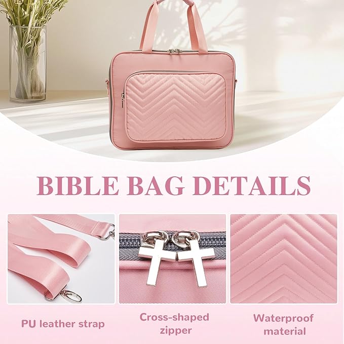 Waterproof Quilted Bible Cover with Leather Handle, Bible Study Supplies Includes 5 Black Pens, 12 Highlighters, 72 Tabs,Christian Gifts for Women(Pink)