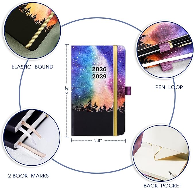 2026-2029 Pocket Planner/Calendar - 3 Year Monthly Planner 2026-2029 from July 2026 - June 2029(36 Months), 3.8" x 6.3", Inner Pocket, Pen Holder & Elastic Closure - Colorful