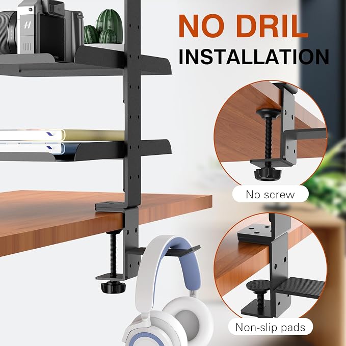 3 Tier Clamp On Desk Shelf - Over Or Under Table Clamp,with Adjustable Metal Storage Tray Headphone Stand with No Drill Installation, for Home Office, Gaming Devices,Storage Tray,and More