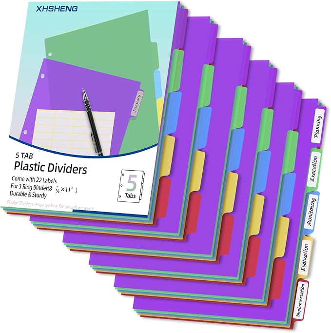 Dividers for 3 Ring Binders,5 TAB Binder Dividers,Plastic, Multicolor Binder separators with tabs，Colored 6 Sets