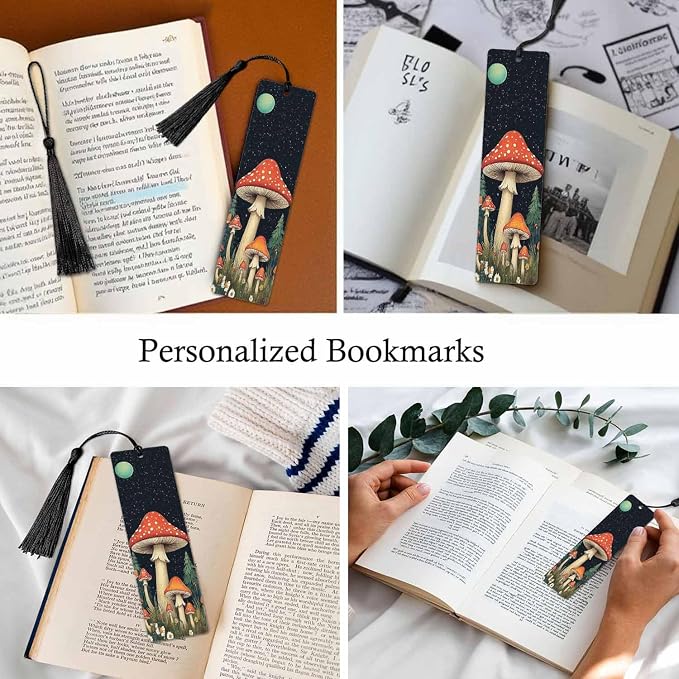 Mushrooms Bookmarks 5 Pcs with Tassels Dark Night Moon Stars Flowers Trees Wooden Bookmarks for Reading Women Students Teacher Reader