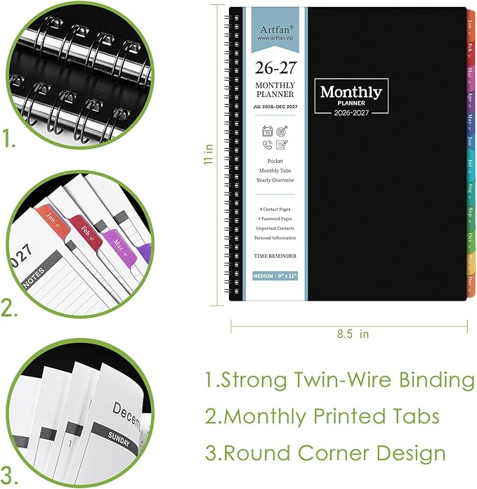 Monthly Planner 2026-2027 - Academic Planner 2026-2027, JUL. 2026 - DEC. 2027, Calendar planner with Colorful Tabs, 8.5" x 11", 26-27 Monthly planner/Calendar with Pocket, Thick Paper, Twin-Wire Binding - Black