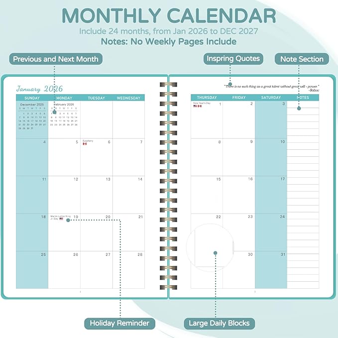 Monthly Planner 2026-2027, 2 Year Calendar 2026-2027 (Jan 2026 - Dec 2027), 7" x 10", 26-27 Monthly Calendar Planner, 24-Month Planning Book for Home School Office Supplies