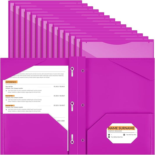 Henoyso 36 Pcs Plastic Folder with Clear Front Pocket and 3 Prong Plastic Folders with Card Slot Pocket Folders with Prongs for School Office (Neon Purple)