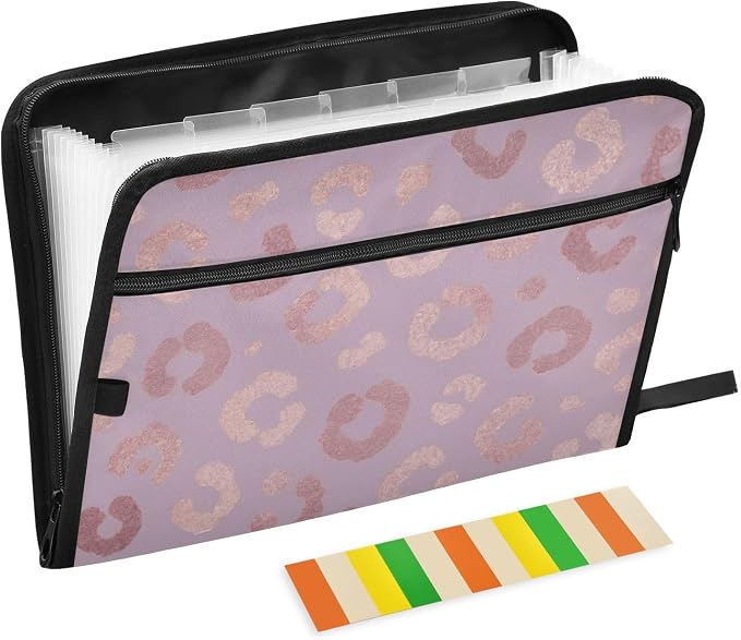 Rose Gold Leopard Expanding Accordion File Folder with 13 Pockets and Zipper Closure