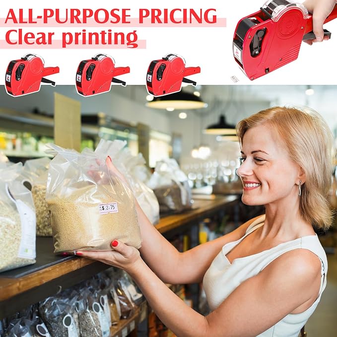 Dunzoom 3 Pack 8 Digits Price Tag Gun Label Pricing Gun Kit with 12000 Labels & 9 Ink Rollers for Retailer Supermarket Grocery Store Food(Red)
