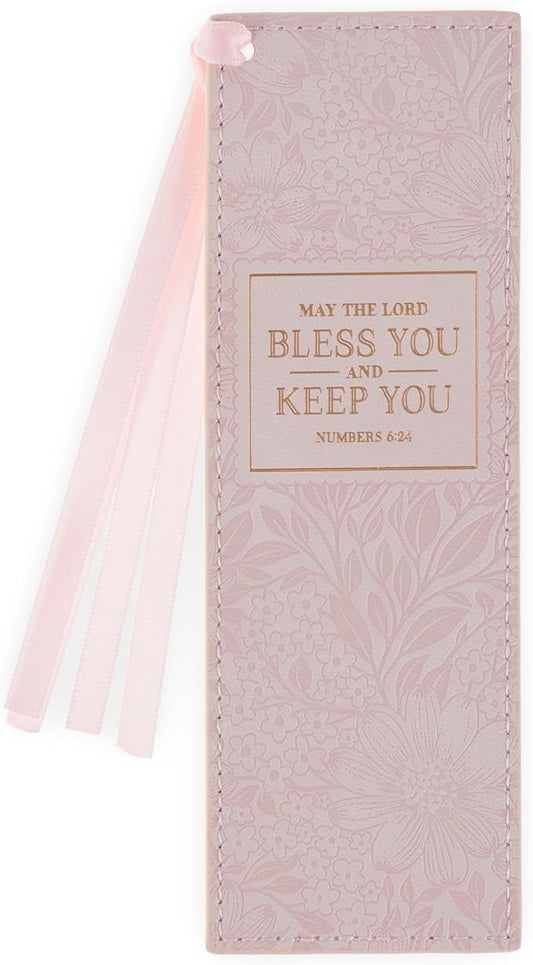 Christian Art Gifts Pink Floral Faux Leather Encouraging Scripture Bookmark for Women: Bless You & Keep You Golden Inspirational Bible Verse, Cute Satin Ribbon Markers for Reading, Marking Book Pages