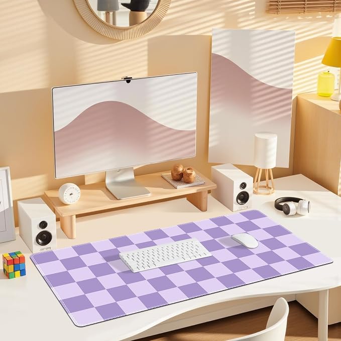 Desk Mat for Keyboard and Mouse, Large Non-Slip Mouse Pad Keyboard Pad, Computer Mats for Desktop, Cute Desk Pad with Stitched Edges for Office, Gaming I Pastel Purple Checkered