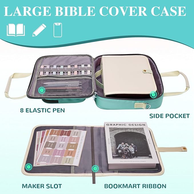 Waterproof Bible Bag for Women With Detachable Case,Quilted Bible Bag with Leather Handle,Bible Journaling Kit: 5 Pens, 12 Highlighters, 72 Tabs,Christian Travel Carrier (Green)