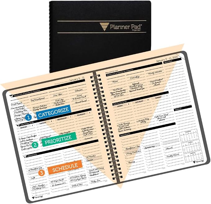 Planner Pad Spiral Bound January-December 2026/ Calendar Year 6 3/4" x 8 1/2" Medium 3-Tier Funnel Down 12 Month Organizer, Black Cover/Black Ink