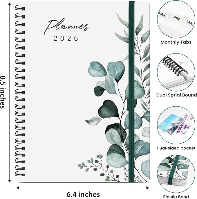 2026 Planner, Weekly and Monthly Calendar Planner Book, January 2026 - December 2026, Hardcover Spiral Planner with Monthly Tabs, Notes Pages, Perfect for Women & Men, A5 (6.4" x 8.5") - Leaf