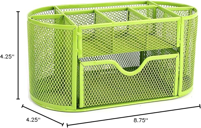 VANRA Metal Mesh Desk Supply Caddy Desktop Office Supplies Organizer Supply Holder 8 Compartments with Drawer (Green)