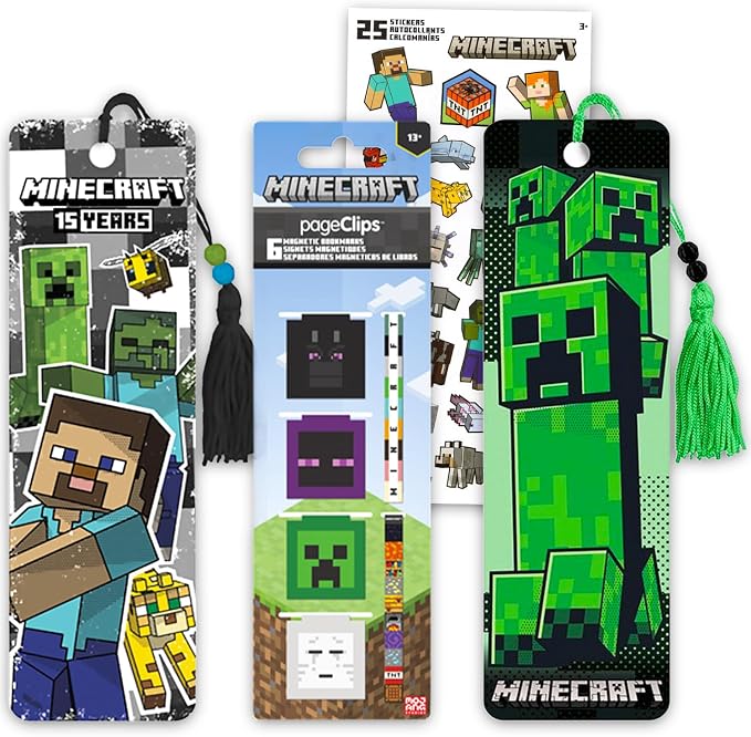 Minecraft Bookmark Set - Bundle with 8 Bookmarks and Page Clips Featuring Creepers, Zombies, More Plus Stickers | Minecraft School Supplies for Boys Girls Kids