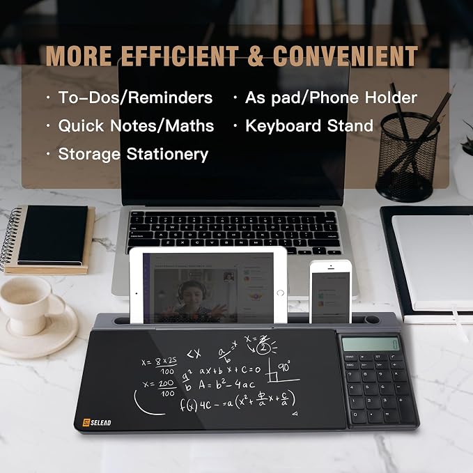 SELEAD Desktop Glass Whiteboard with Calculator, Organizer, Markers, Eraser, Holder - Black Dry Erase White Board Computer Pad Keyboard Stand for Home, School, Office Desk Cubicle Accessories
